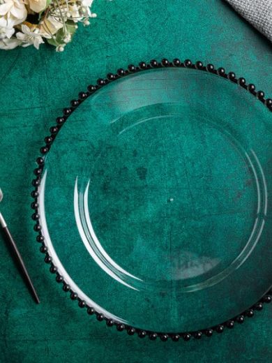 Acrylic Beaded Round Charger Plate - Black Trim 13"